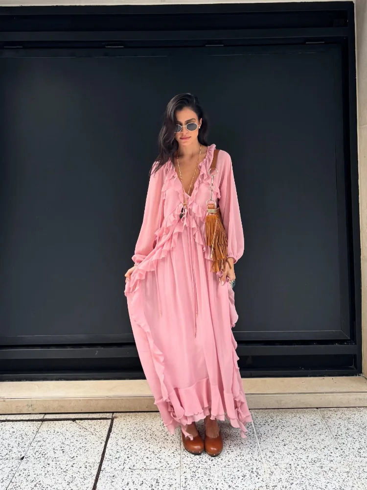Elegant Solid Multiple Flounces Lace Up Dresses Chic Loose V Neck Full Sleeve Robes Lady Summer Commute Vacation Gown 250529