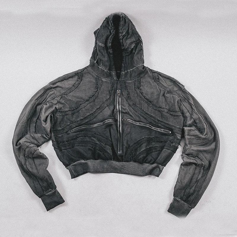 Waste Soil Style Geometric Irregular Splicing Hoodies Jacket Washed Frayed Distressed Rough Edge Hooded Coat Men 250529