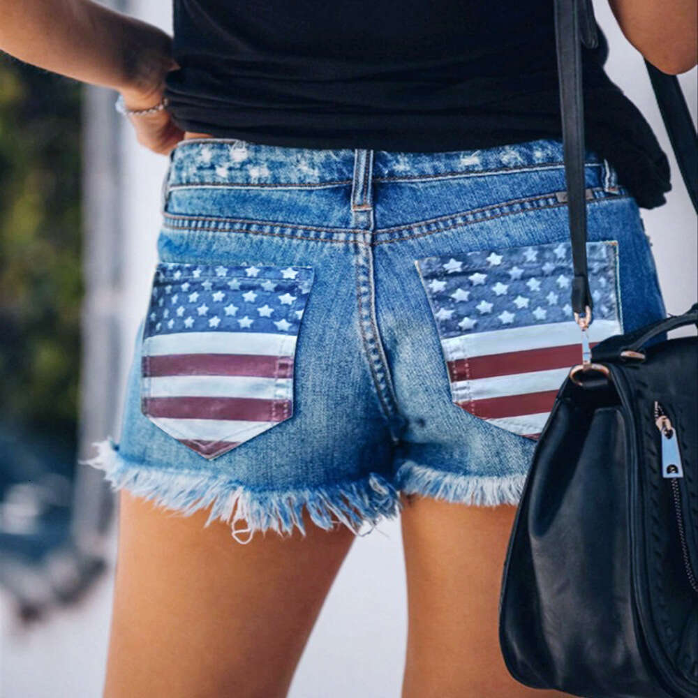Denim Shorts Jeans Shorts Women S New American Flag Print Slim Fit Ripped Button Up Denim Shorts Ripped Short Jeans