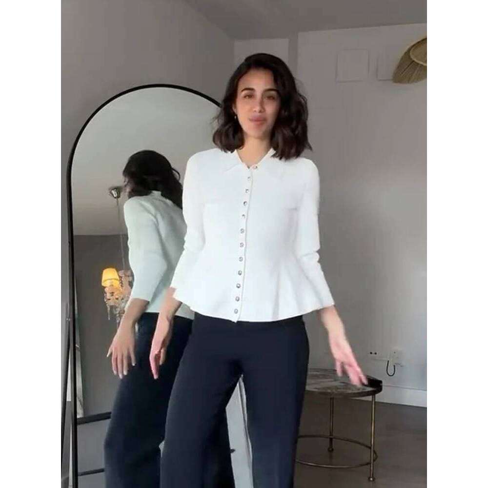 TRAFZA Women's Fashion Knitting Tops White Turn-Down Collar Long Sleeves Single-Breasted Cardigans Female Spring Elegant Top