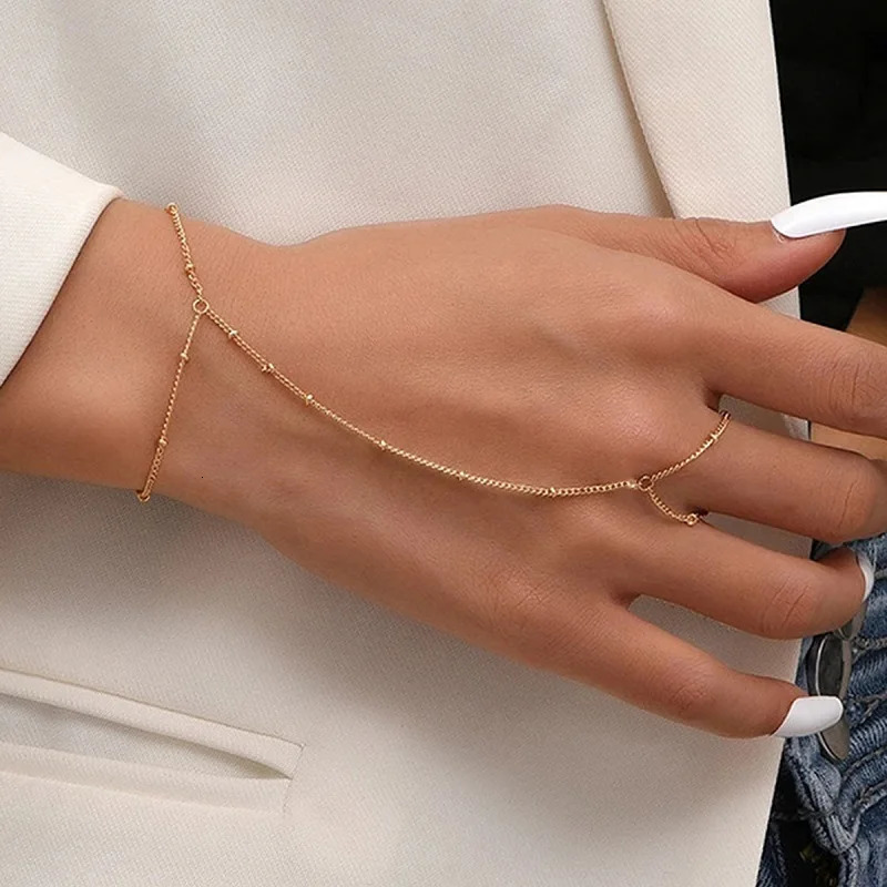 Fashion Metal Double Layer Cross Connected Finger Ring Bracelet for Women Simple Gold Color Bead Link Chain Hand Bangles Jewelry 250528