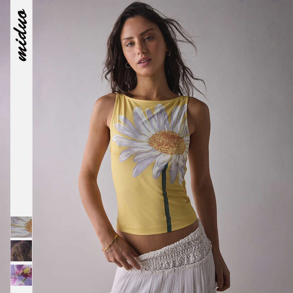 2025 Trendy Sunflower Print Sleeveless Vest T-Shirt Women's Top Y2K Sports Casual Style 1062
