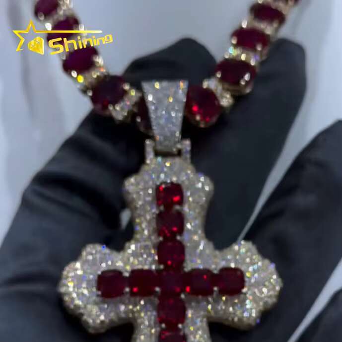 Custom Iced Out Fashion Hip Hop Cross Pendant Jewelry Tennis Chain 925 Silver VVS Moissanite Red Diamond Cross Pendant for Men