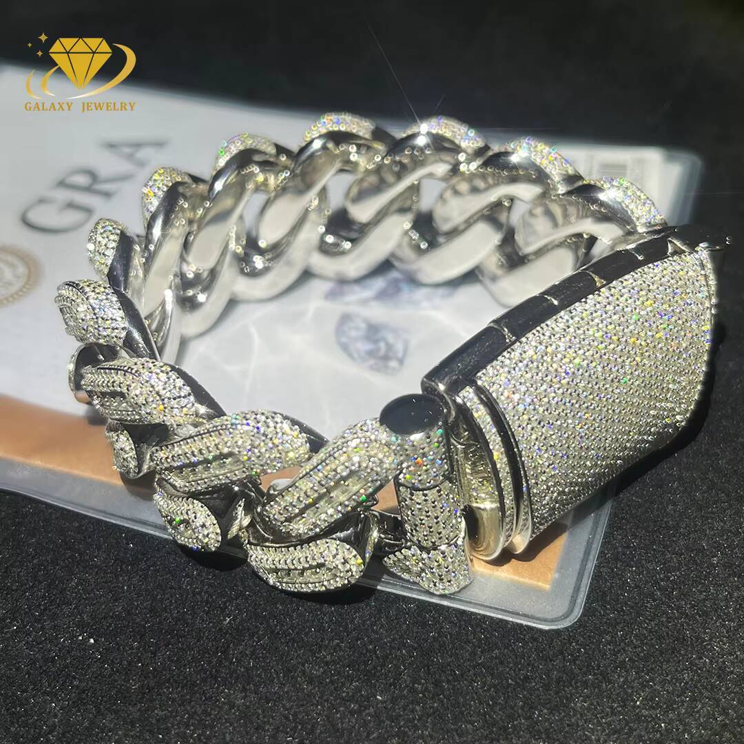 Mossanite Hip Hop Jewelry 26mm 8inches Pass Dia Tester Sier Baguette Moissanite Iced Out Cuban k Bracelet for Mens