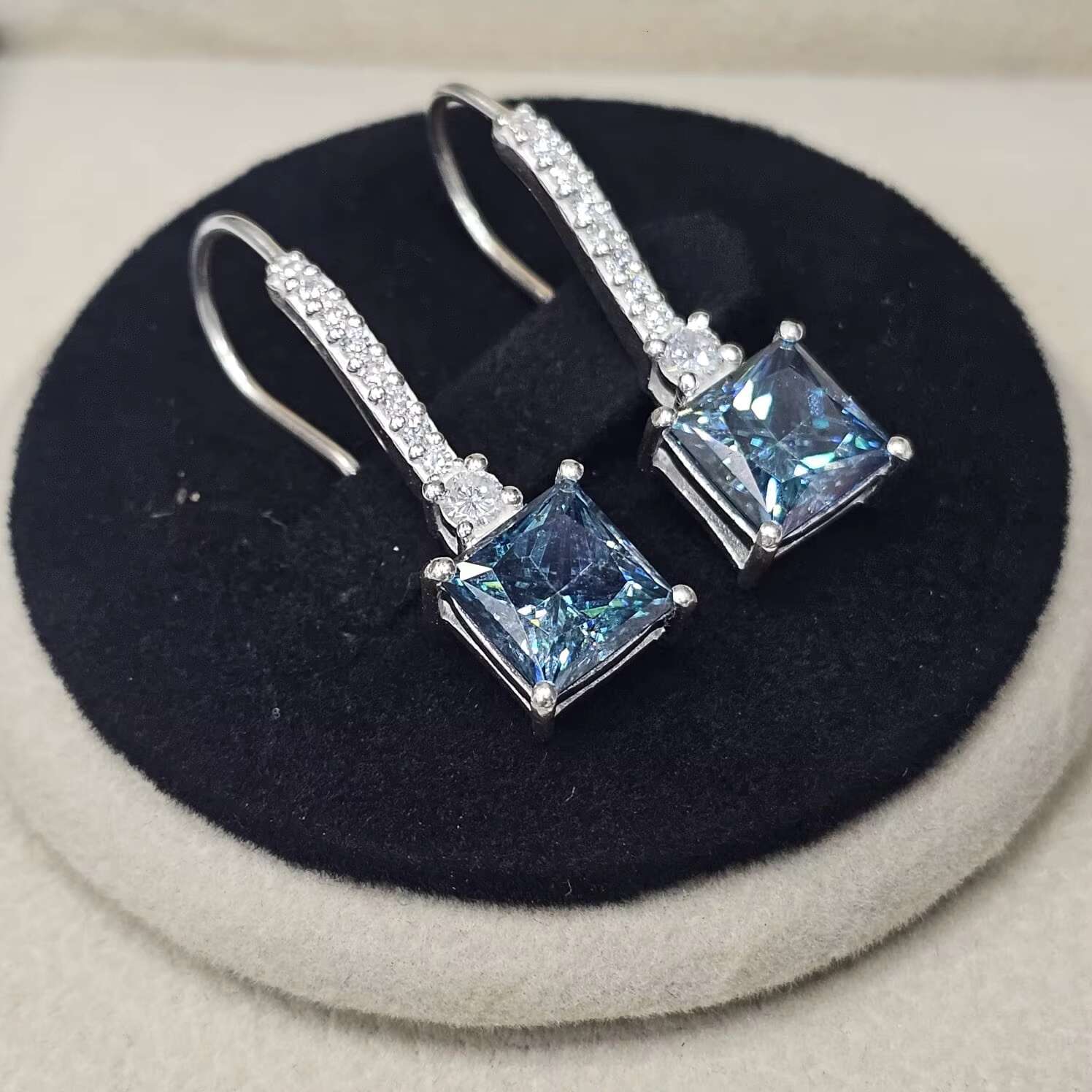 Moissanite Original Fine Earrings 925 Sterling Silver Excellent Quality Latest Trendy Square Cut Blue Coated Moissanite Gemstone