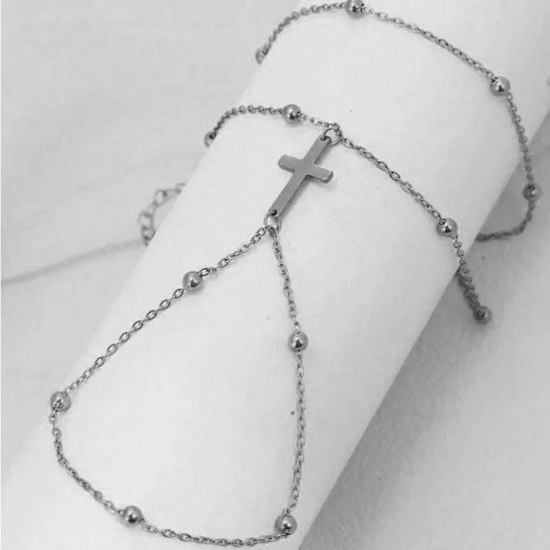 Fashion Metal Double Layer Cross Connected Finger Ring Bracelet for Women Simple Gold Color Bead Link Chain Hand Bangles Jewelry 250528