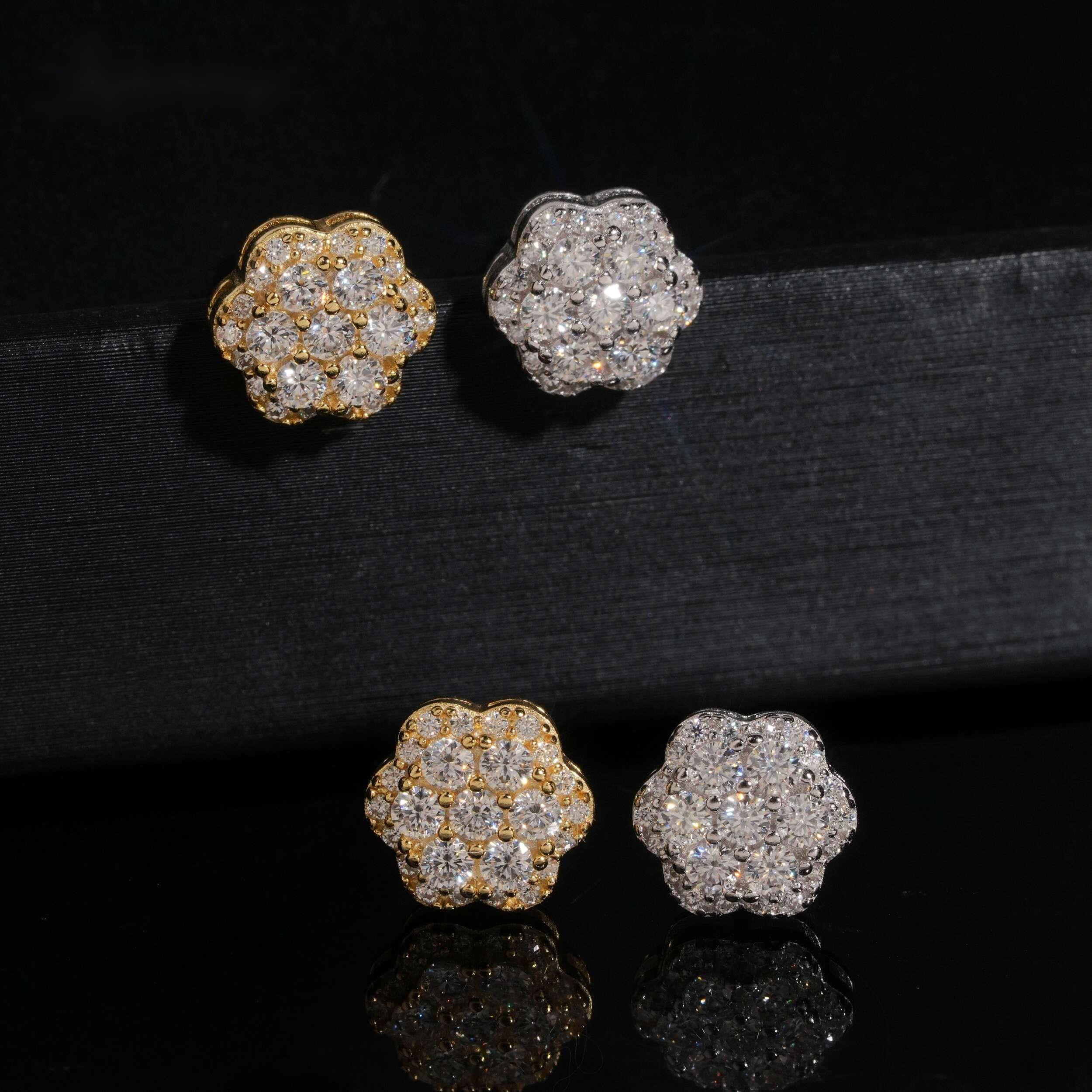 High Quality 925 Sterling Silver Flower Iced Out Diamond Hip Hop Screw Back Moissanite Stud Earrings
