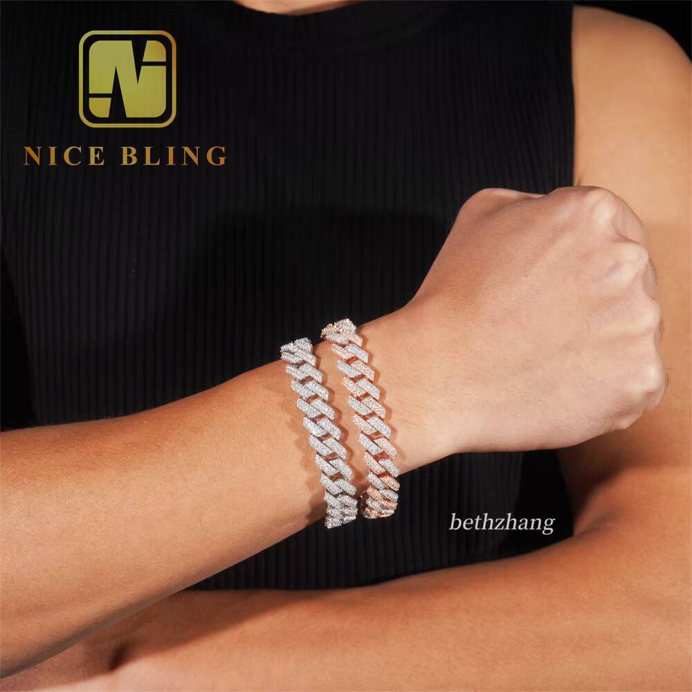 12.5mm Round Moissanite k Lab Dia Bracelet Sier Hip Hop Iced Out Jewelry Men Cuban Chain