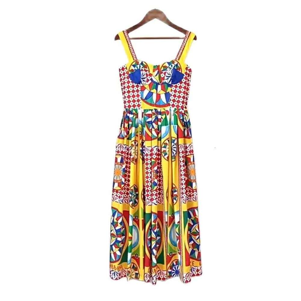 Summer Holiday Spaghetti Strap Long Dress Women's Padded Cup Colorblock Print Zipper Elastic Backless Beach Midi Vestidos