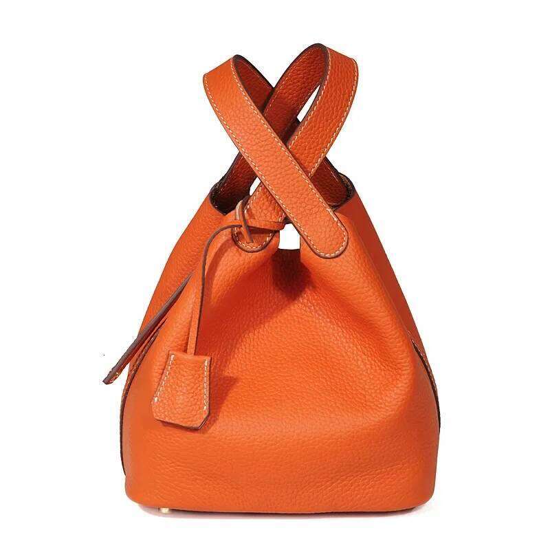 Trendy Genuine Cow Leather Lunch Imported Bucket Bag Food Basket Picnic Handbag Soft Top-handle