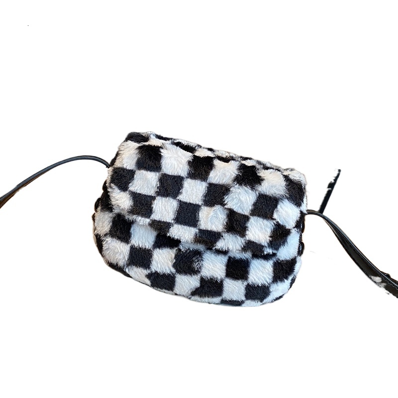 designer Fluffy Bag Autumn Style High-end Women's Black and White Plaid Plush Saddle Bag Niche Design Single Shoulder Crossbody Bag for Women