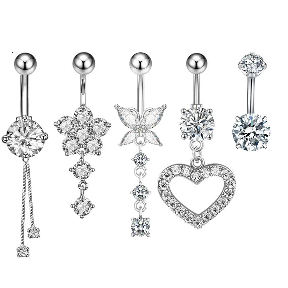 Set of 5pcs Stainless Steel Zirconia Inlaid Belly Button Rings With Butterfly/Heart/Flower s Boho Navel Piercing Jewelry 250530