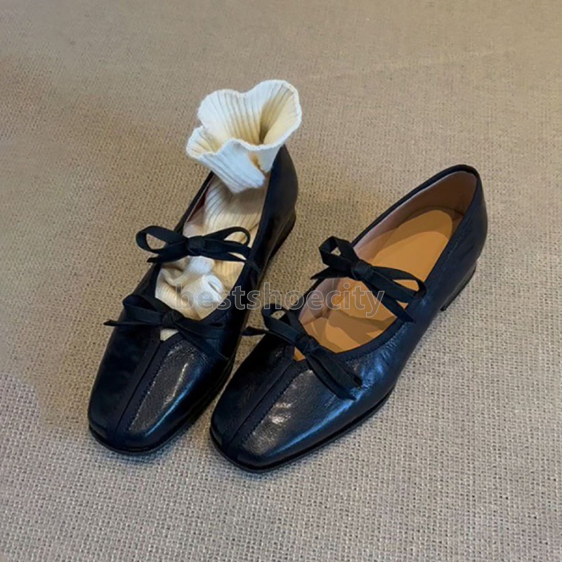 2025 ballet flats heels designer loafers Retro bow strappy Mary Jane shoes balck brown leather sandals daily comfort Soft Sole fashion Anti slip women