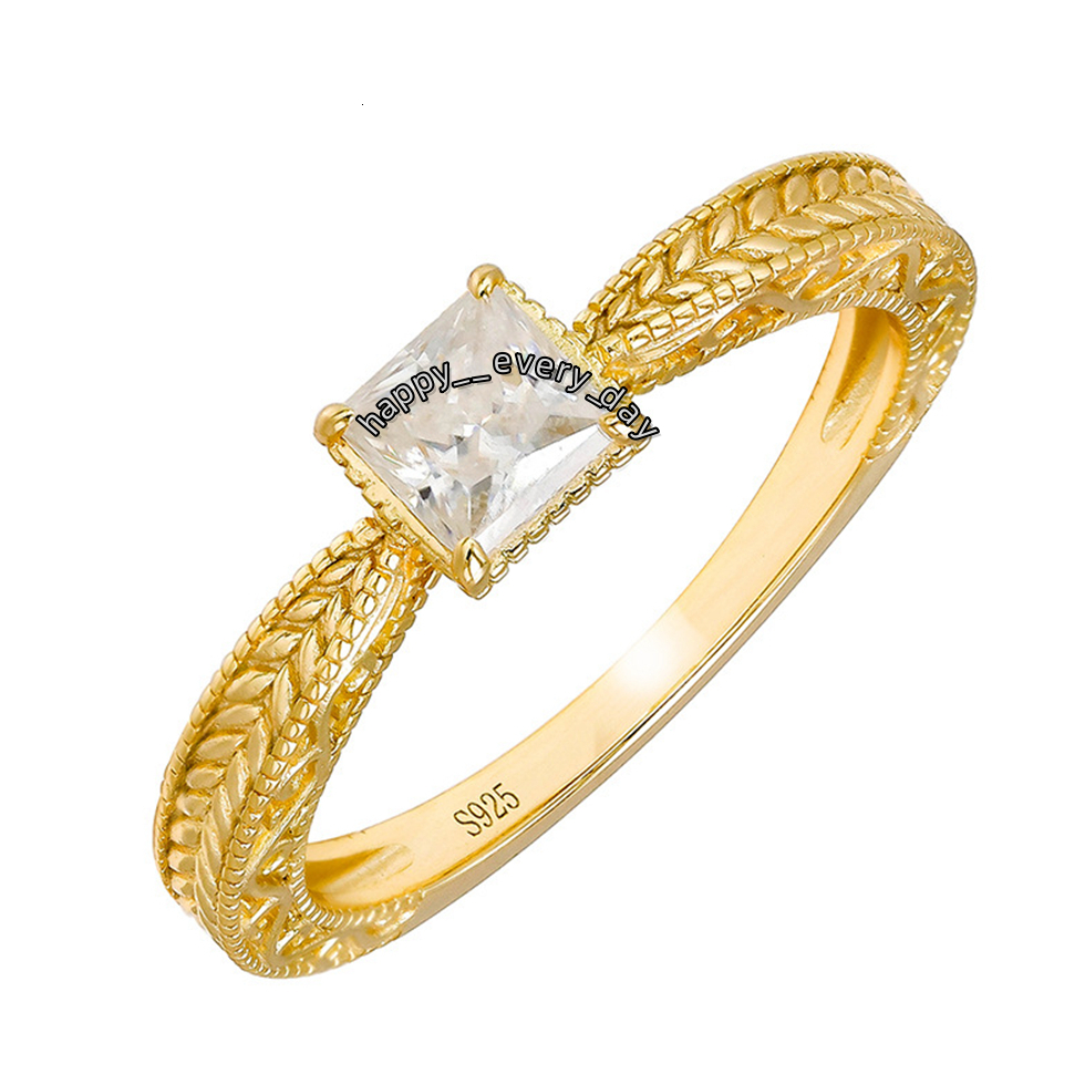 925 Sterling Silver 14K Gold Plated Gemstone Retro Style Geometric Square Moissanite Zircon Ring