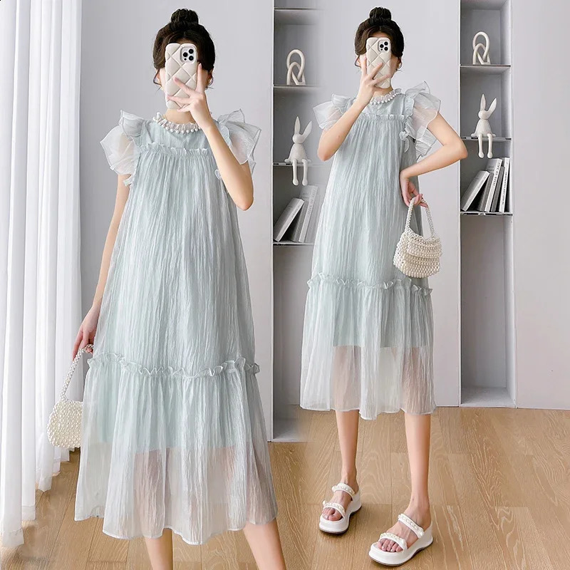Sweet Pregnant Womens A-line Dress Ruffle Sleeves Beading Collar Maternity Ball Gown Dress Light Weight Princess Fashion Dress 250530