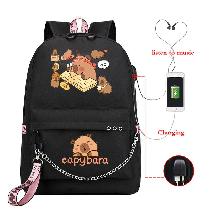 Women Schoolbag Waterproof Large Capacity School Backpack Zipper Teens Girl Casual Daypack Bag Capybara Anime Student Backpacks 250530