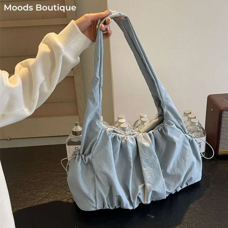 Pleated Design Women Shoulder Bags Nylon Fabric Pure Color Big Capacity Shopper Tote Casual Street Hobo Bag 2024 Branded Handbag