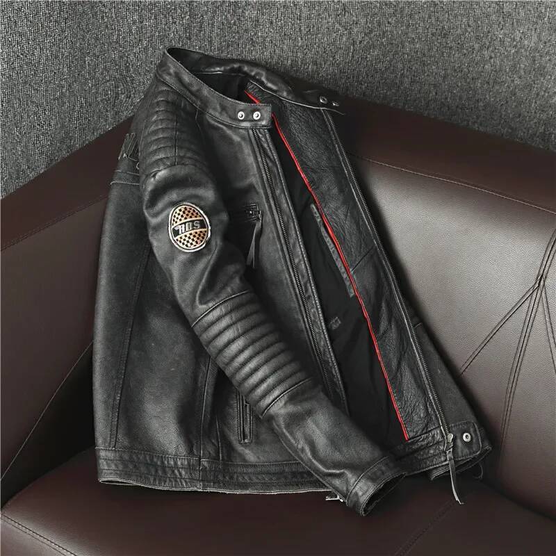 2025 Slim Biker Vintage Gray Spring Autumn Cowhide Coats Motorcycle Genuine Leather Jacket For Men Style Plus Size