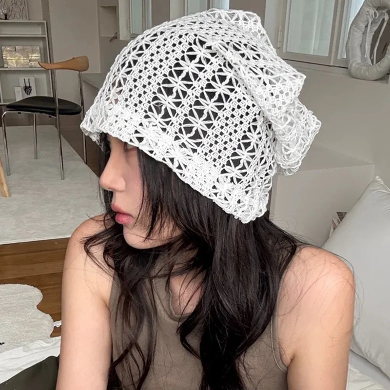 Japanese Mixed-color Mesh Hollow Crochet Sleeve Heap Hat Summer Y2K Niche Trend Big Head Skull Beanie Cap for Womens Gorras 250530