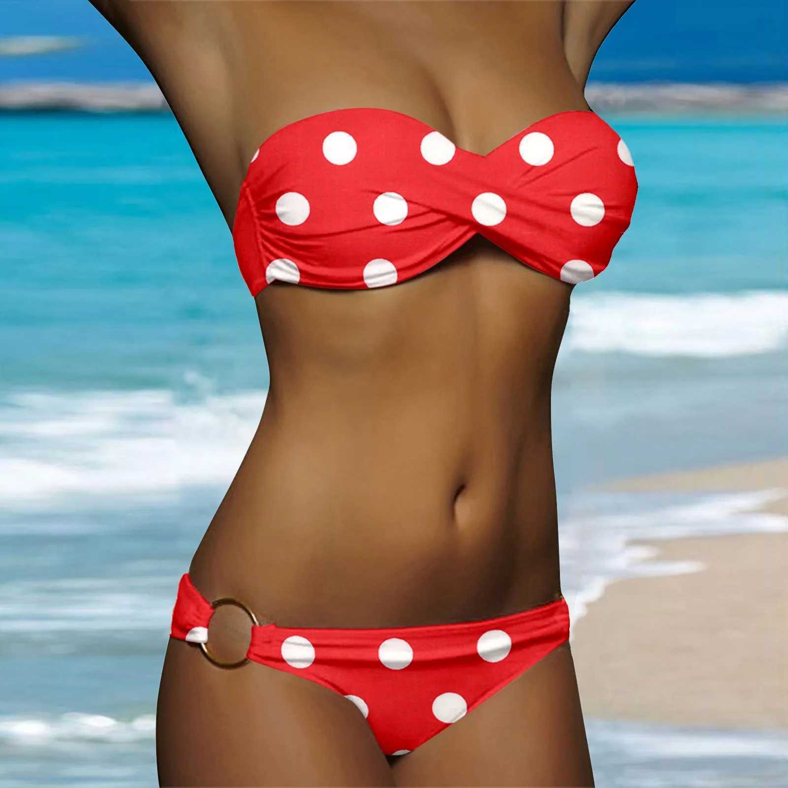 Cut Swimsuit For Women Ladies Strapless Ruched Push Up Bra Bikini Set White Dot Print Swimwear WomenS Low Waist Bikini Shorts T250602