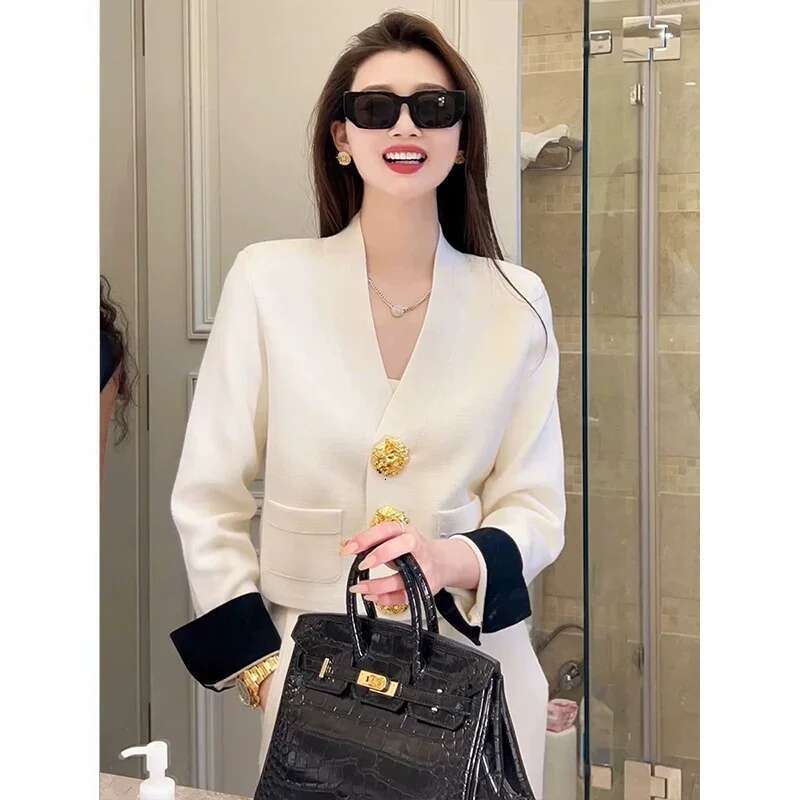 Women Fashion Solid Knitted Cardigan 2023 Autumn Winter New Vintage Gold Buttons Sweater Female Tops Simple Casual Knitwear