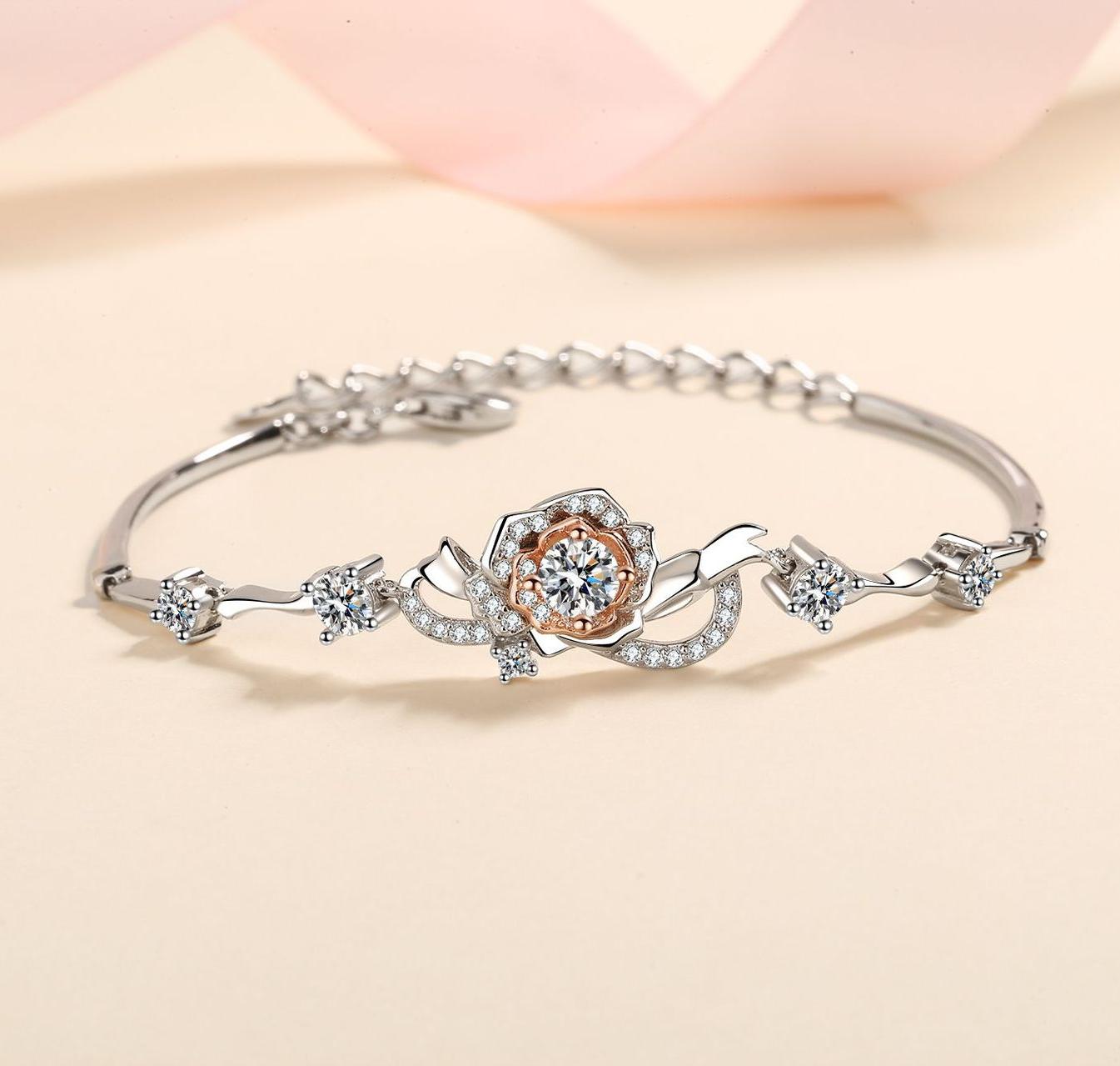 925 Sterling Silver Rose Flower Bracelet with Moissanite Inlay, Elegant and Adjustable for Women, Perfect for Gift and Daily Wear.