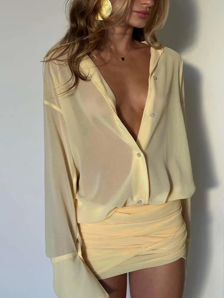 Weird Puss Ruched See Through Dress Women Patchwork Single-Breasted Full Sleeve Bandage Tassel Trend Streetwear Mini Bodycon 250529