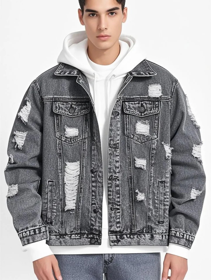1PC Mens casual -selling black distressed stoashed flight jacket daily American street fashion denim jacket 250529