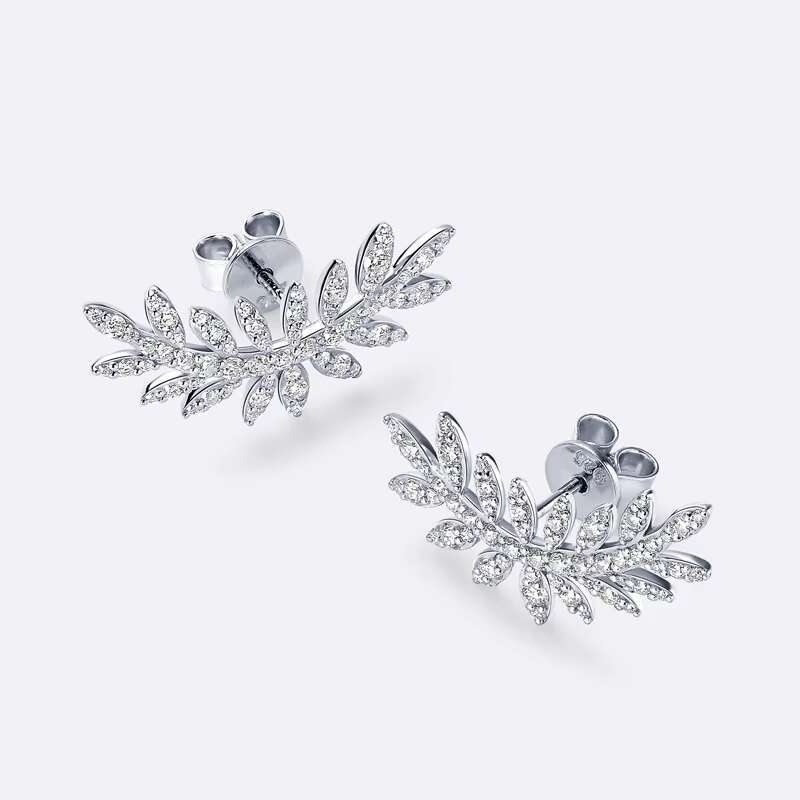 Exquisite Original Design 925 Sterling Silver Round Cut Moissanite Leaf-Shaped Climber Stud Earrings for Women Piercing Jewelry