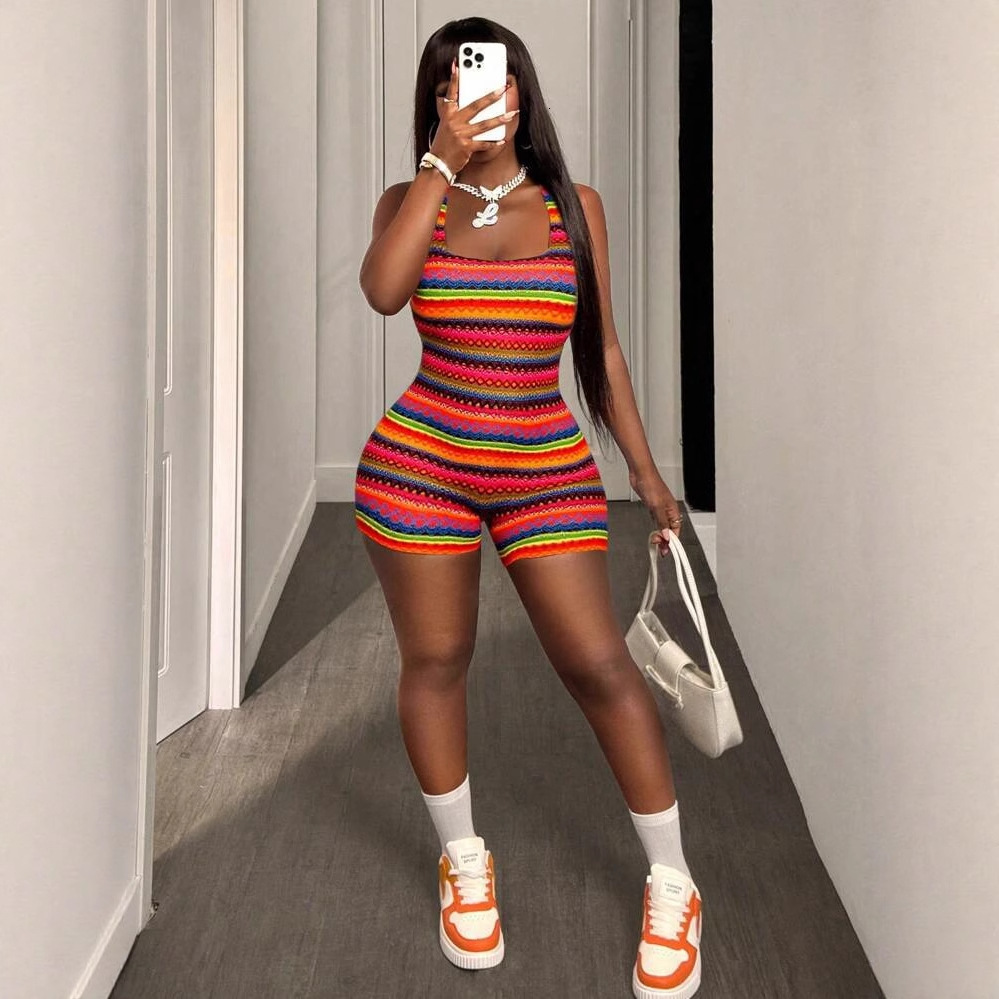 Designer T Shirt European And American Summer New Women S Sexy Hot Girl Slim Fit Printed Strap U Neck Bodycon Shorts Jumpsuit For Women Essentials Sum