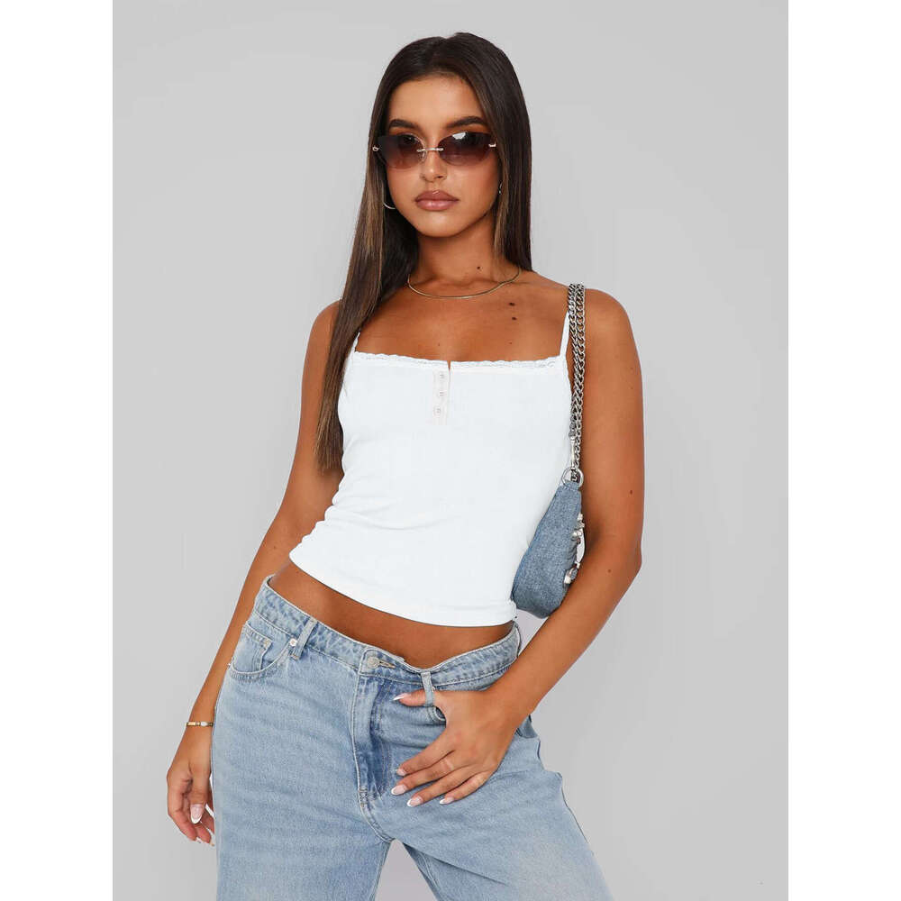 2025 Y2K Vest Solid Color Strap Sexy Slim Button Top Crop Fashion Versatile