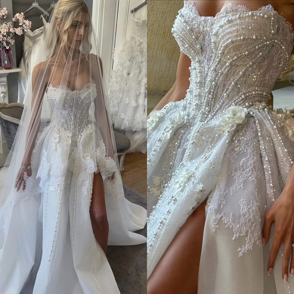 Elegant A Line Wedding Dress For Women Strapless Sleeveless Bridal Gown Appliques Pearls Lace Split Side Sweep Train Dresses Custom Made vestidos de n