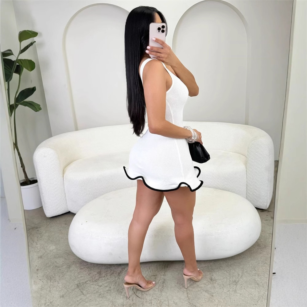 Designer T Shirt New European And American Fashion Elastic Solid Color Elegant U Neck Lace Irregular Strap Short Dress Essentials Summer Dress