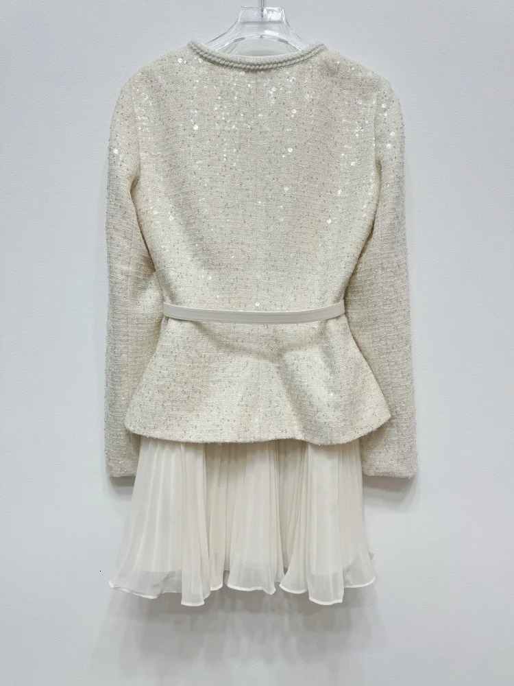 JAMERARY Runway Single Breasted Beaded Diamonds Buttons Sequins Tweed Chiffon Dress Women Two Piece Dresses 250529