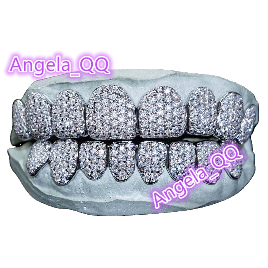 Custom Fashion Hip Hop Jewelry 925 Sterling Silver Iced Out VVS Diamond Round Cut Moissanite Teeth Grillz for Mens