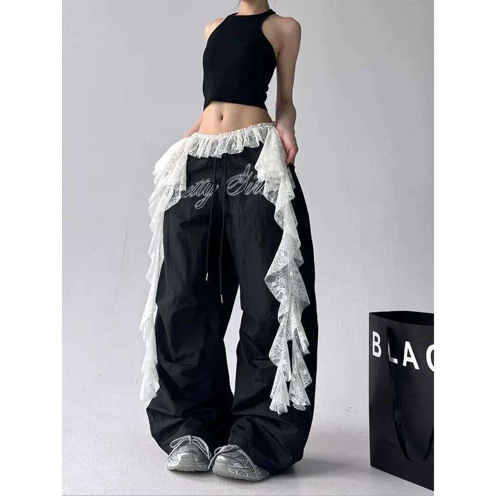 American Retro Black Printed Spice Girls Street Dance Scimitar Women's Loose Design Splicing Summer New Wide Leg Pants