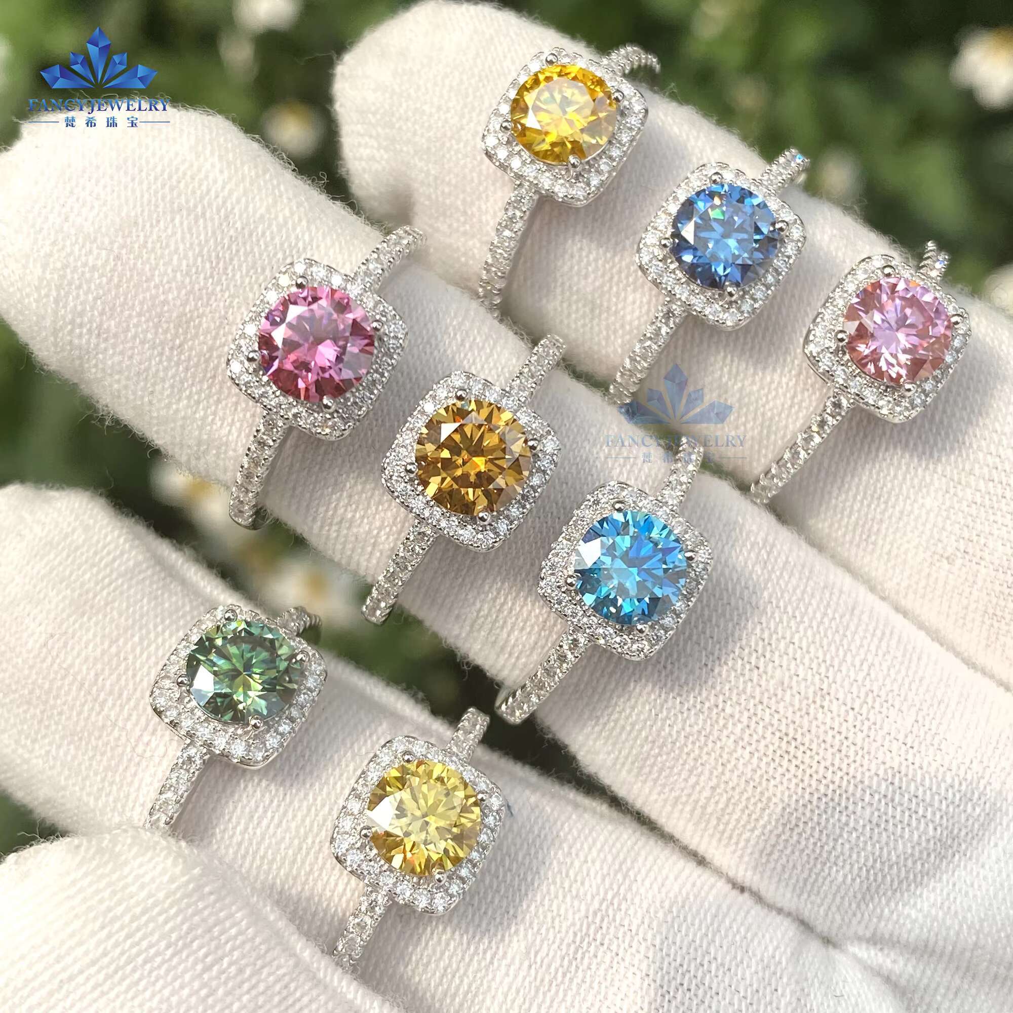 Iced Out Diamond Wedding Ring 1CT 6.5mm Pass Diamond Tester Blue Red Yellow Green Black K Gold Plated Moissanite halo Ring