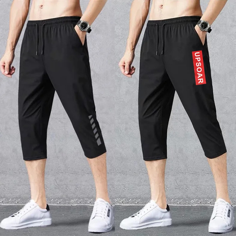 2025 Summer Mens Shorts Breathable Stretched Nylon Ice Silk 3/4 Short Capris Pants Sports Breeches Plus Size Casual Shorts Male 250530