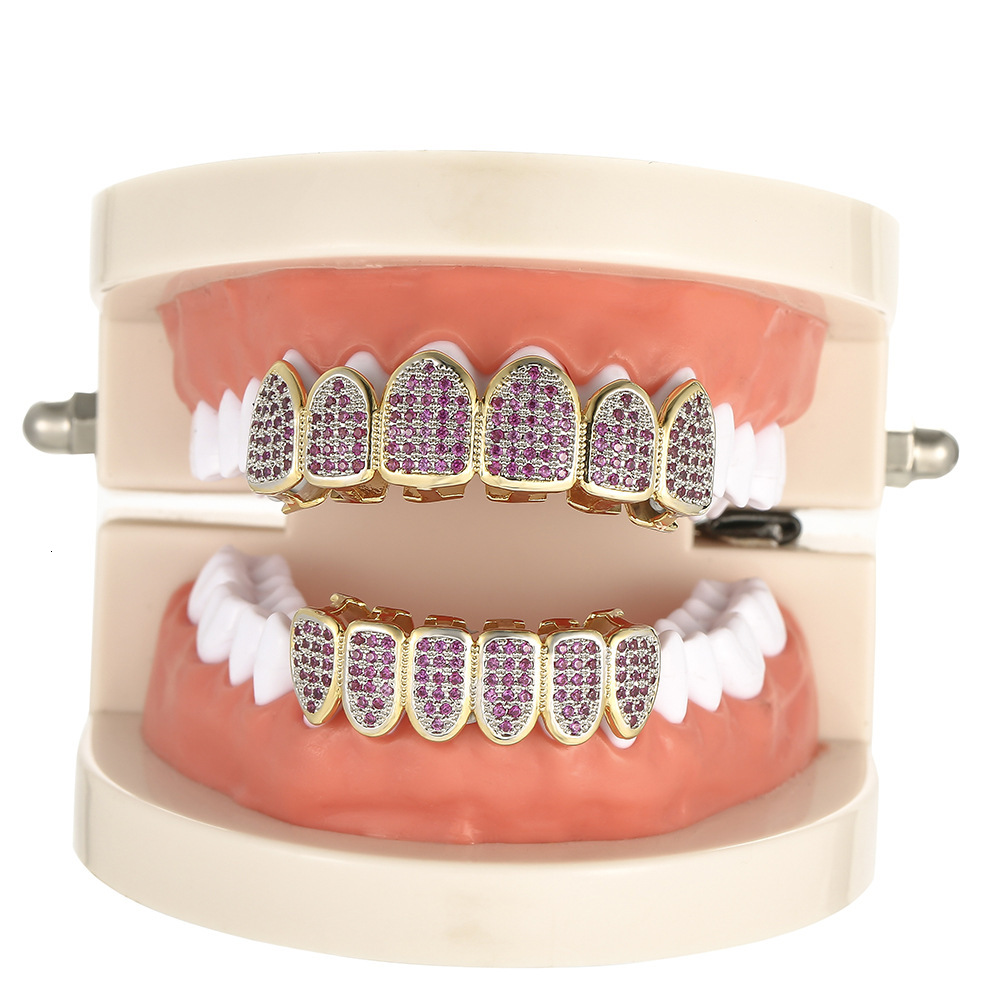Vampire hip hop gold tooth set rose red micro set Moissanite gold plated Grillz hip hop gold tooth set moissanite