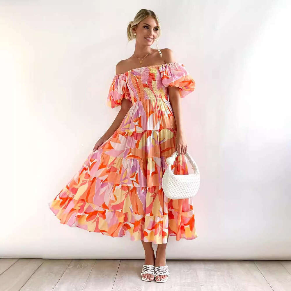 Summer European and American bubble sleeves vacation slimming long skirt spicy girl high waist one shoulder printed dress for women 2025 temperament v