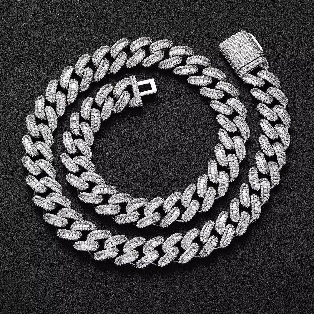 Men 15mm Box Button Miami Cuban Jewelry Frozen Full CZBaguette Necklace Chain