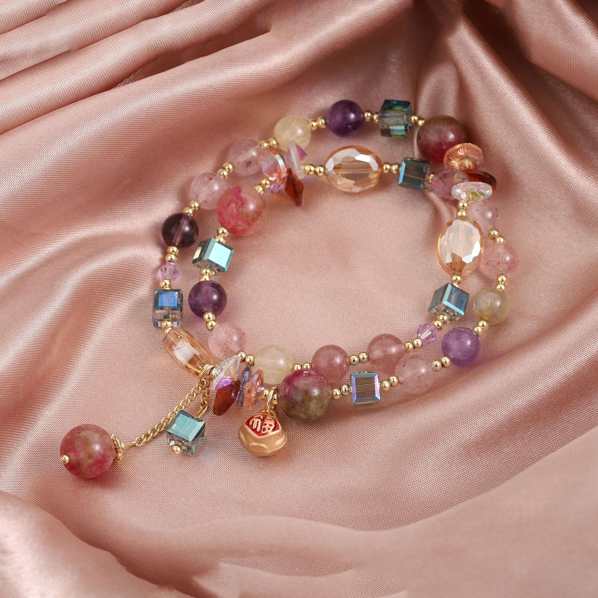 Colorful bead crystal double circle bracelet, stone sand gold pendant, elastic chain, simple rural style women's accessory