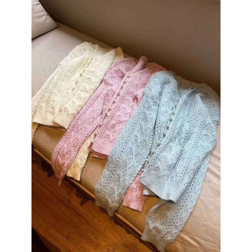 High Quality Women Mohair Blend Hollow Out Cardigan French Spring Autumn Ladies Single Breasted Solid Color Sweater Coat C-172