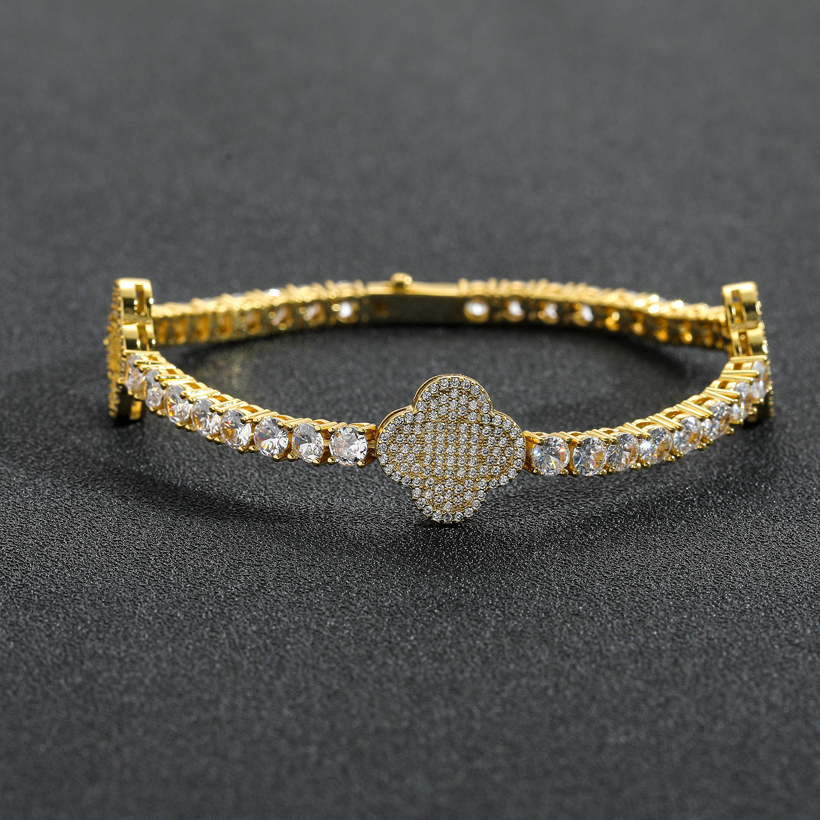 Hip hop spring buckle four leaf clover Moissanite tennis chain mens necklace high-end versatile bracelet accessory moissanite
