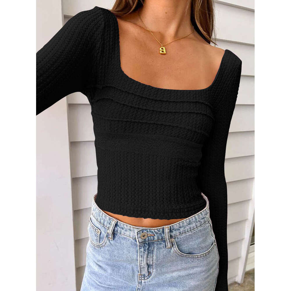 New Lace Patchwork Square Neck Slim Fit Long Sleeve T-Shirt Women's Base Shirt Backless Tie Top 1062