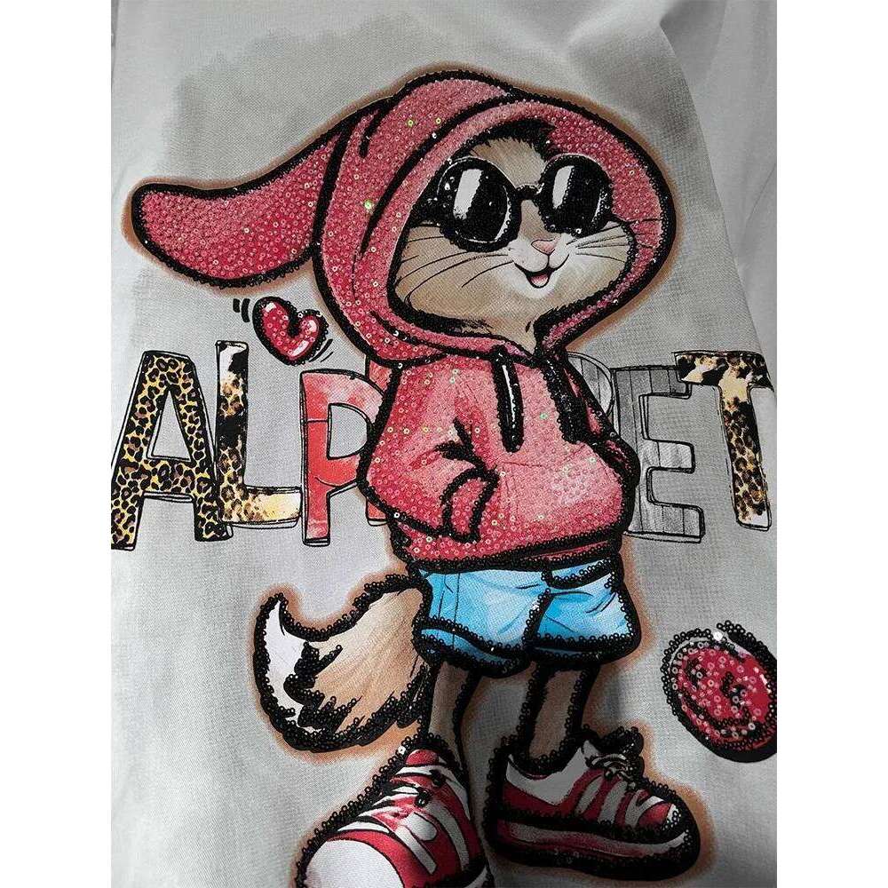 Oversized Rhinestone Rabbit mid-length half-sleeved top 100% cotton women's short-sleeved T-shirt