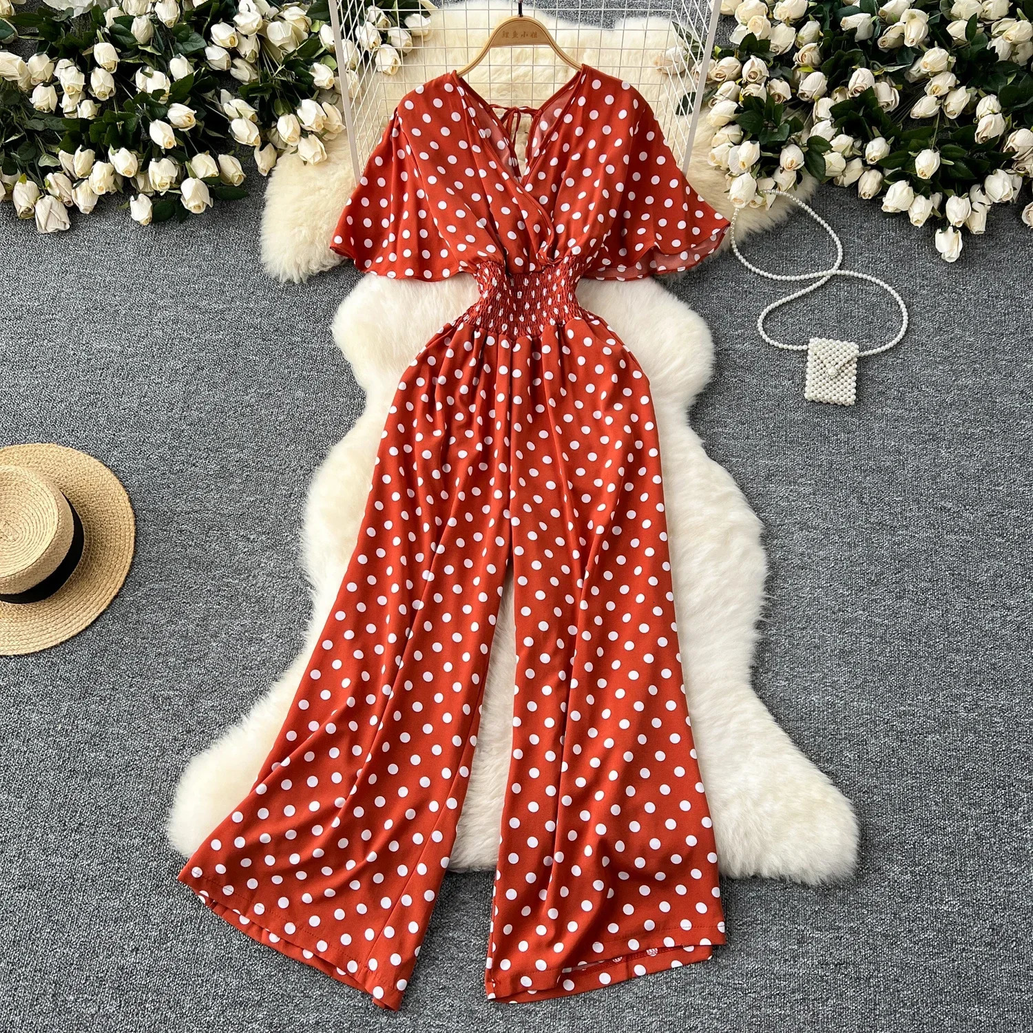 Summer Polka Dot Romper Women Elegant V-Neck Short Sleeve High Waist Jumpsuit Female Loose Wide Leg Playsuits Fashion 250530