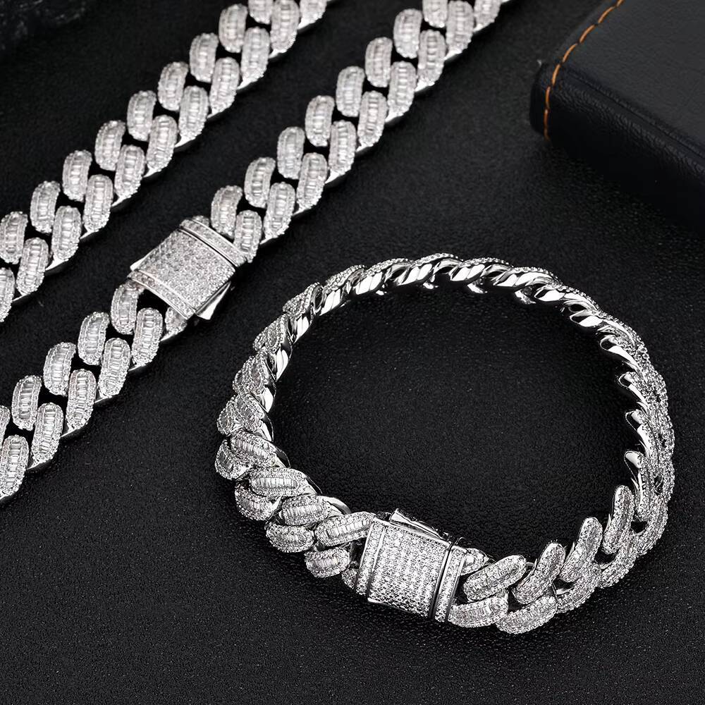 NUOYA Hip Hop Jewelry Sier Plated Miami 15mm Fully Iced Spring Buckle Cuban Men's Chain