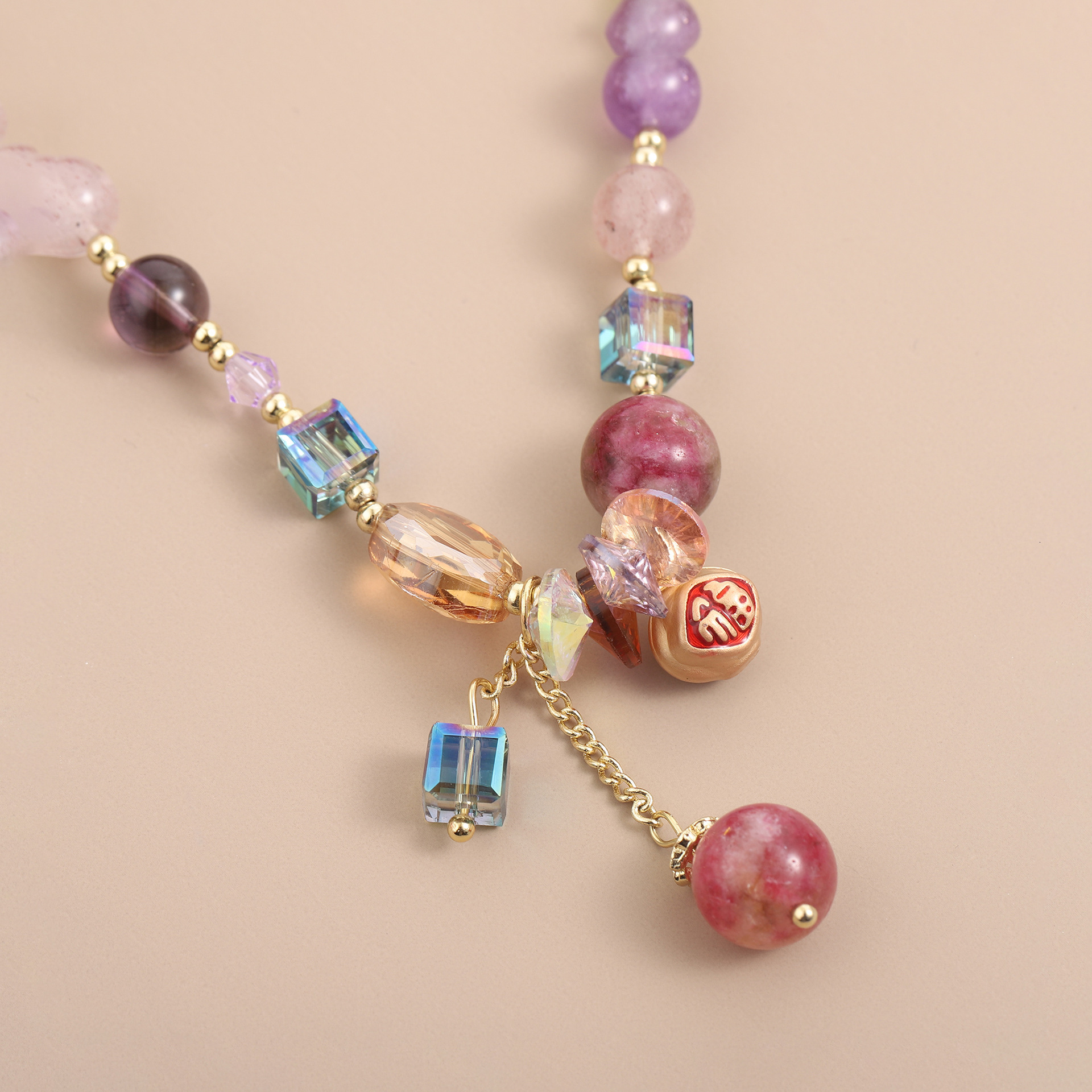 Colorful bead crystal double circle bracelet, stone sand gold pendant, elastic chain, simple rural style women's accessory