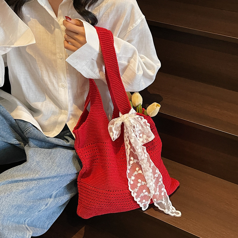 designer Red Bag Large Capacity Summer Beach Bag Seaside Vacation Style Commuter Knitted Bag Lazy Style Woven Tote Bag